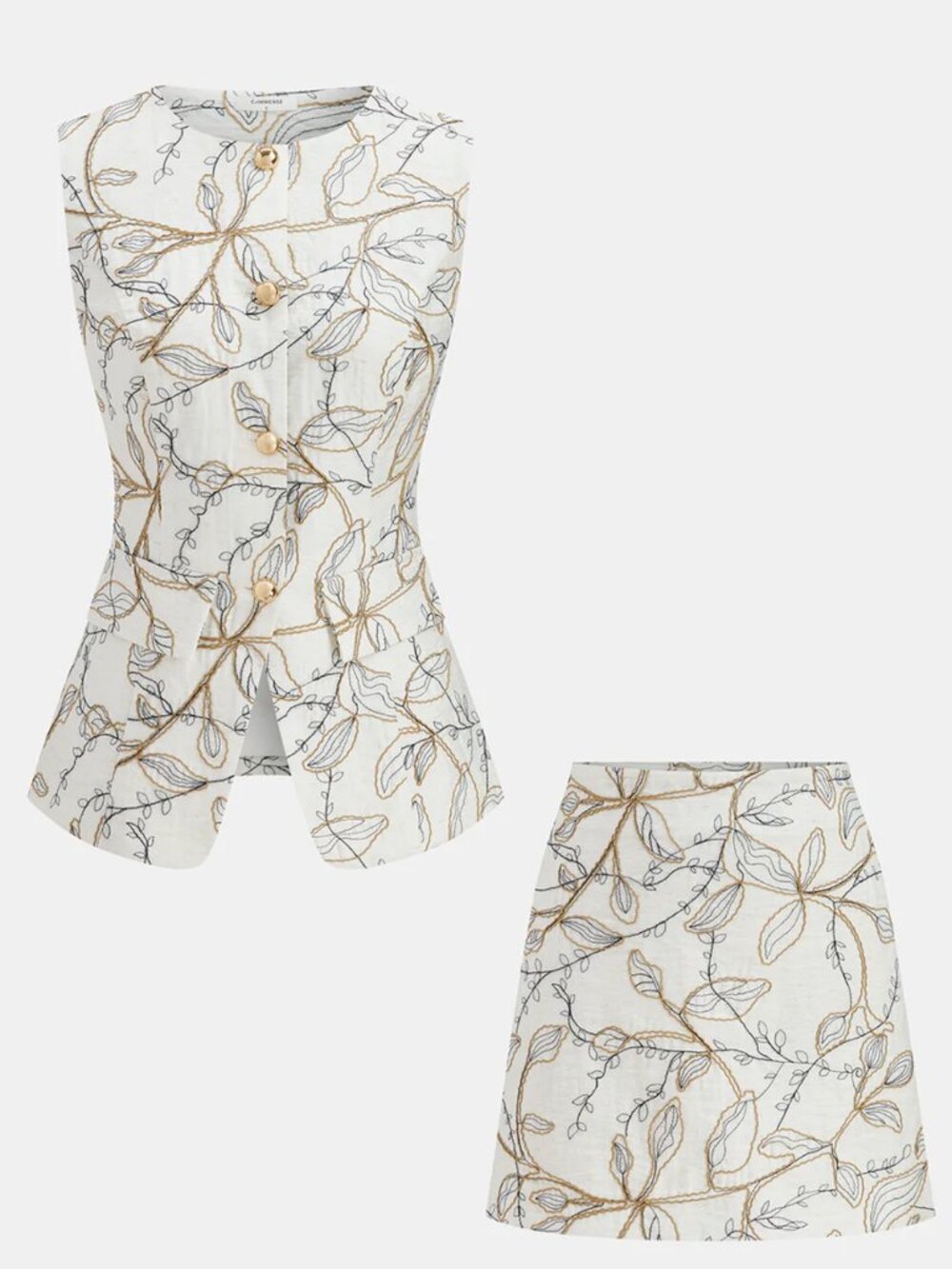 Printed Metal Button Vest & Mini Skirt Set